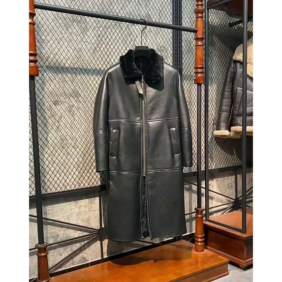 Men's Winter Long Coat Genuine Sheepskin Shearling Leather Jacket for Male Thick and Warm Wool Liner Black Plus Oversized for Weight 100kgs,Black,48