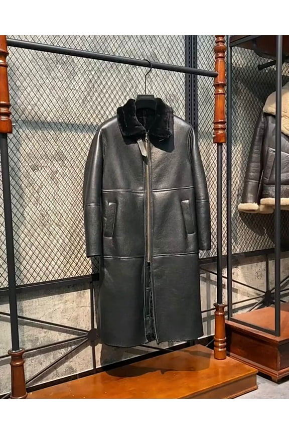 Men's Winter Long Coat Genuine Sheepskin Shearling Leather Jacket for Male Thick and Warm Wool Liner Black Plus Oversized for Weight 100kgs,Black,48