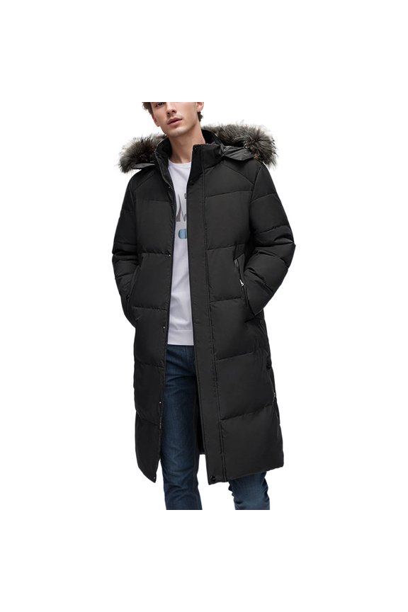 Men's Winter Long Knee Length Loose Hooded Jacket Padded Warm Coat Outdoor Warm Hooded Coat With Big Collar