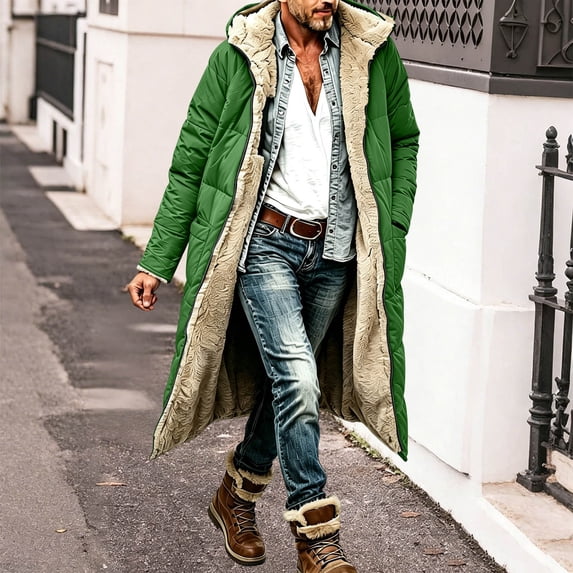 Men's Winter Long Puffer Coat Thick Fleece Lined Warm Outerwear Hooded Quilted Parka Jacket Heavyweight Windproof Snow Trench Coat for Cold Weather