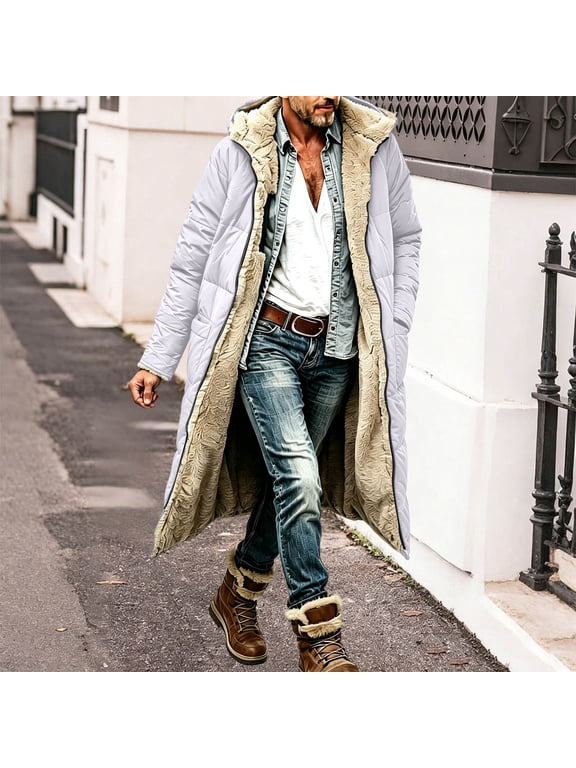 Men's Winter Long Puffer Coat Thick Fleece Lined Warm Outerwear Hooded Quilted Parka Jacket Heavyweight Windproof Snow Trench Coat for Cold Weather