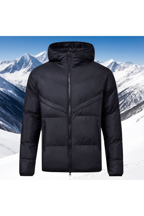 Men's Winter Long Sleeve Hooded Parka Jacket Warm Solid Color Outdoor Coat Casual Sportswear Black M