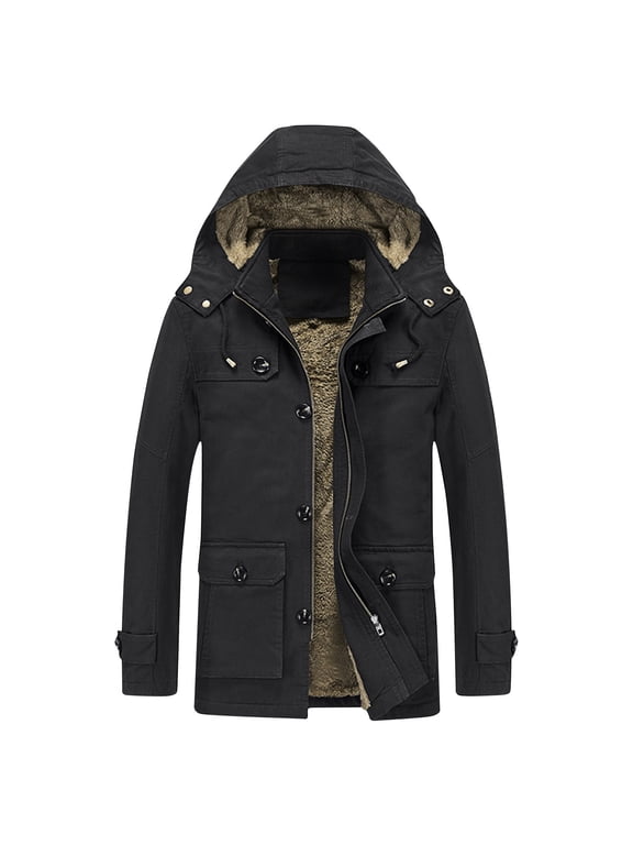 Men's Winter Military Jackets Mid Long Windbreaker Hooded Work Cotton Canvas Fleece Lined Coats Active Workwear Coat Windproof Thicken Parka with Removable Hood Big and Tall Size M-5XL Black