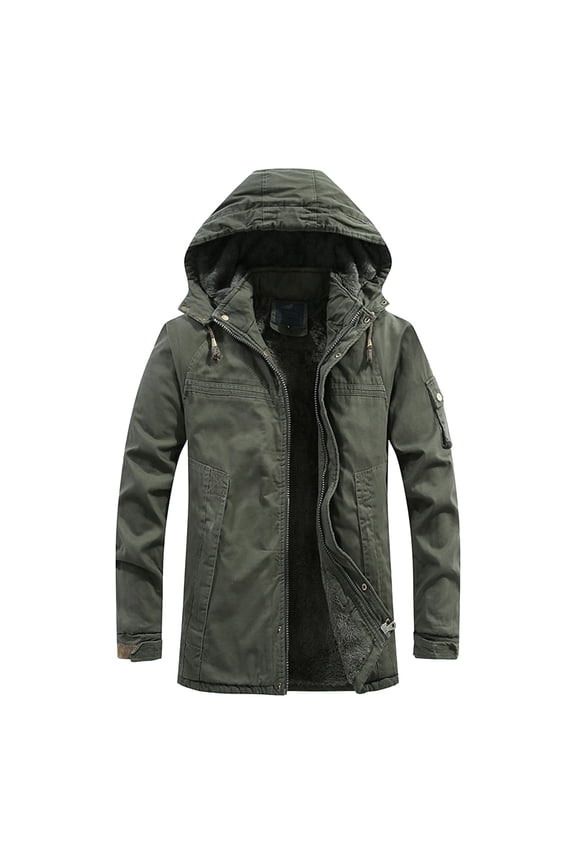 Men's Winter Military Thicken Parka Jacket Full-Zip Mid-Long Parka Jacket Warm Coat with Hood Army Green L