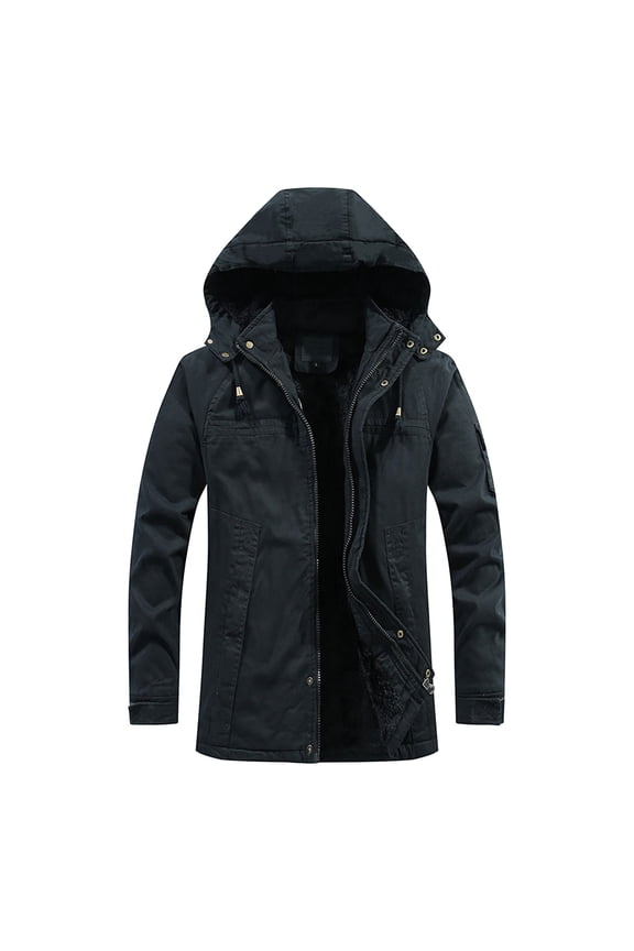 Men's Winter Military Thicken Parka Jacket Full-Zip Mid-Long Parka Jacket Warm Coat with Hood Black XXL