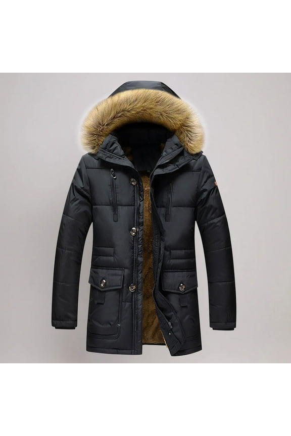 Men's Winter Military Thicken Parka Jacket Warm Coat with Hood Men Hooded Long Sleeve Button Zipper Solid Pockets Warm Winter Coat