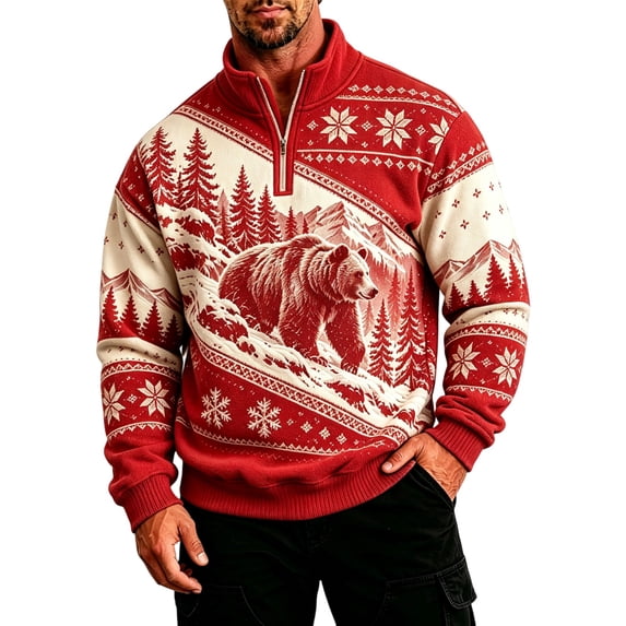 Men's Winter Moose Print Quarter-Zip Pullover Fleece Lined Stand Collar Western Hunting Sweatshirt Casual Athletic Top Red XL