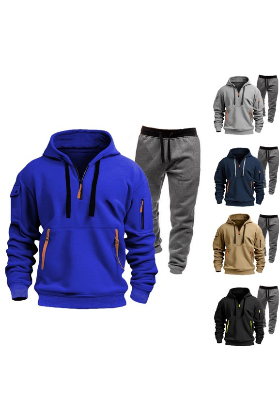 Men's Winter Multi Pocket Zipper Sweatshirt 2 Piece Set Personalized Sweatpants Casual Sweatsuits Hoodie