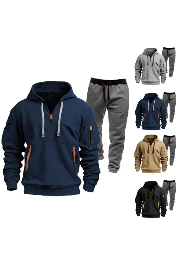 Men's Winter Multi Pocket Zipper Sweatshirt 2 Piece Set Personalized Sweatpants Casual Sweatsuits Hoodie