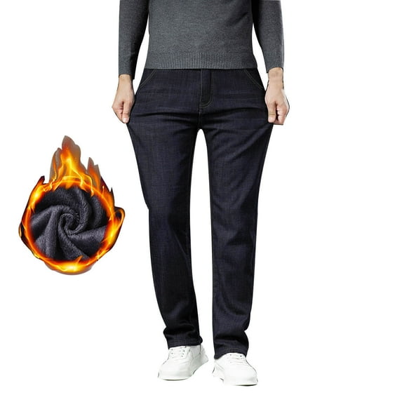 Men's Winter Outdoor Fashionable Slim Fit Velvet Jeans Slim Fit Warm Straight Leg Pants Outdoor Velvet Stretch Denim Pants Winter Casual Pants