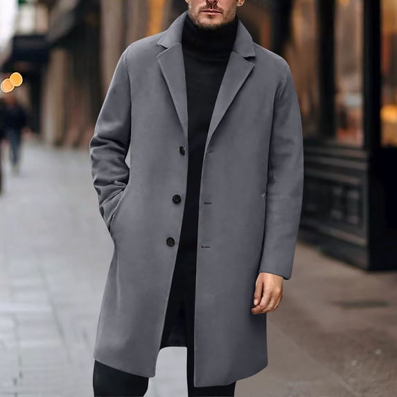 Men's Winter Outerwear Trench Coat Solid Color Mid Length Long Sleeve Lapel Collar Button Front Pockets
