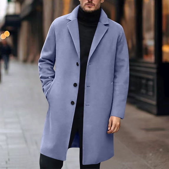 Men's Winter Outerwear Trench Coat Solid Color Mid Length Long Sleeve Lapel Collar Button Front Pockets