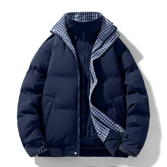 Men's Winter Outwear Stand Collar Front Zip Button Down Plaid Patchwork Casual Loose Thermal Coat With Pockets (XL, Navy)