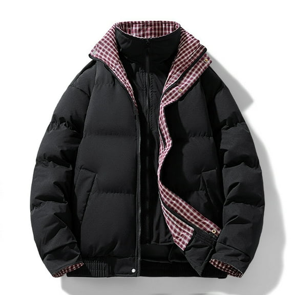 Men's Winter Outwear Stand Collar Front Zip Button Down Plaid Patchwork Casual Loose Thermal Coat With Pockets (XXL, Black)