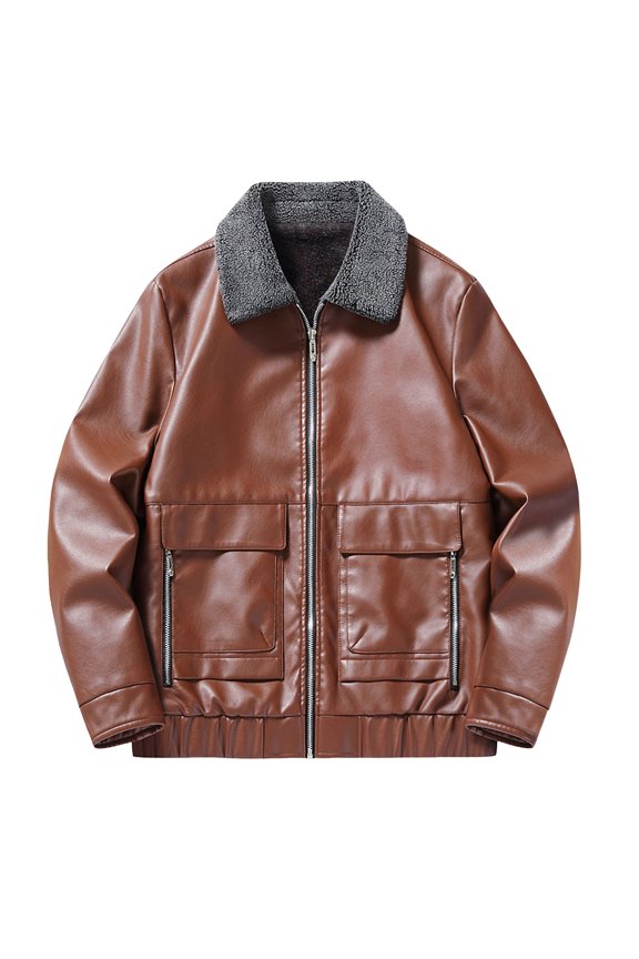 Men's Winter PU Leather Jacket with Pockets Lapel Padded Design for Outdoor Casual Wear