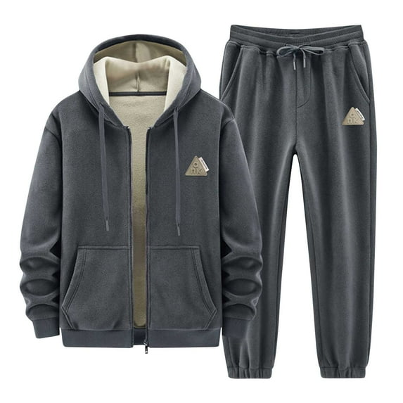 Men's Winter Plus Velvet Coat Sets Solid Color Thickened Lambskin Hooded Sweatshirt Cotton Pants Casual Sports Warm Set Long Sleeve Hoody Jacket Plus Velvet Sweatpants Suits