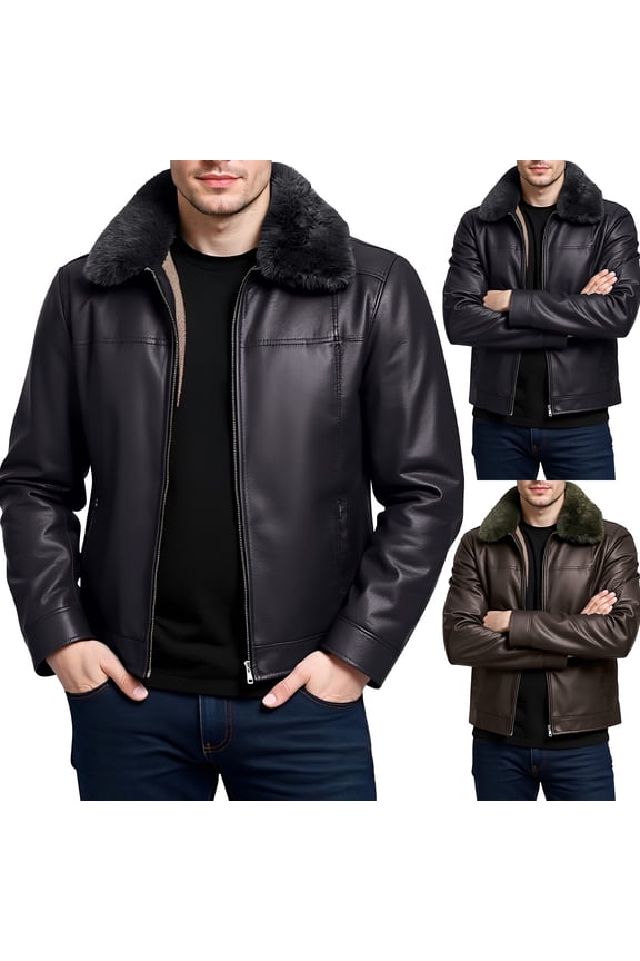 Men's Winter Plus Velvet Leather Jacket with Solid Color Design, Casual Style for Cold Weather Outings, Holiday Events, and Everyday Wear,Brown,XL