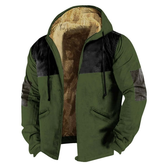Men's Winter Print Hooded Jacket, Color-Block Pattern Fleece-Lined Thick Casual Zipper Coat for Outdoor Leisure and Holiday Gift,Army Green,5XL