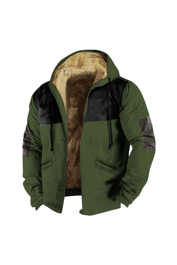 Men's Winter Print Hooded Jacket, Color-Block Pattern Fleece-Lined Thick Casual Zipper Coat for Outdoor Leisure and Holiday Gift,Army Green,5XL