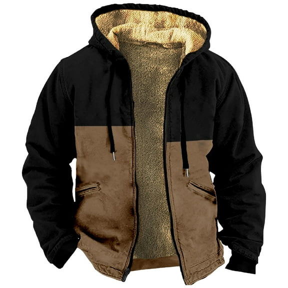 Men's Winter Print Hooded Jacket, Color-Block Pattern Fleece-Lined Thick Casual Zipper Coat for Outdoor Leisure and Holiday Gift,Black,4XL