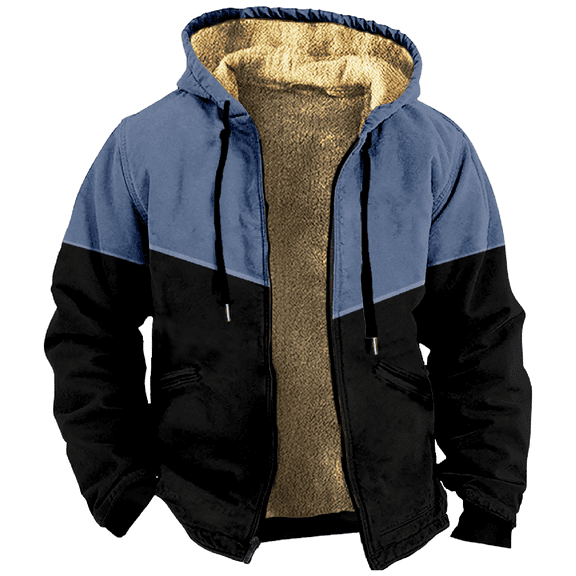 Men's Winter Print Hooded Jacket, Color-Block Pattern Fleece-Lined Thick Casual Zipper Coat for Outdoor Leisure and Holiday Gift,Blue,6XL