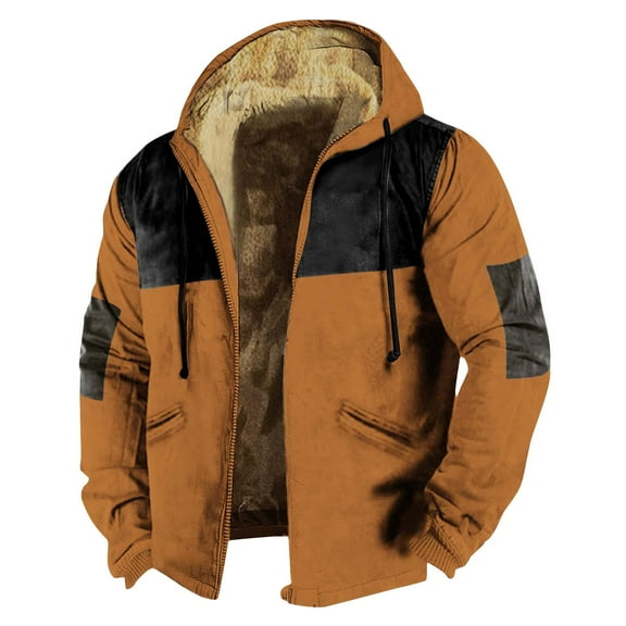 Men's Winter Print Hooded Jacket, Color-Block Pattern Fleece-Lined Thick Casual Zipper Coat for Outdoor Leisure and Holiday Gift,Coffee,3XL