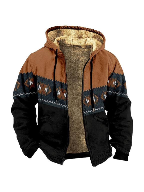 Men's Winter Print Hooded Jacket, Ethnic Pattern Fleece-Lined Thick Casual Zipper Coat for Outdoor Leisure and Holiday Gift,Black,L