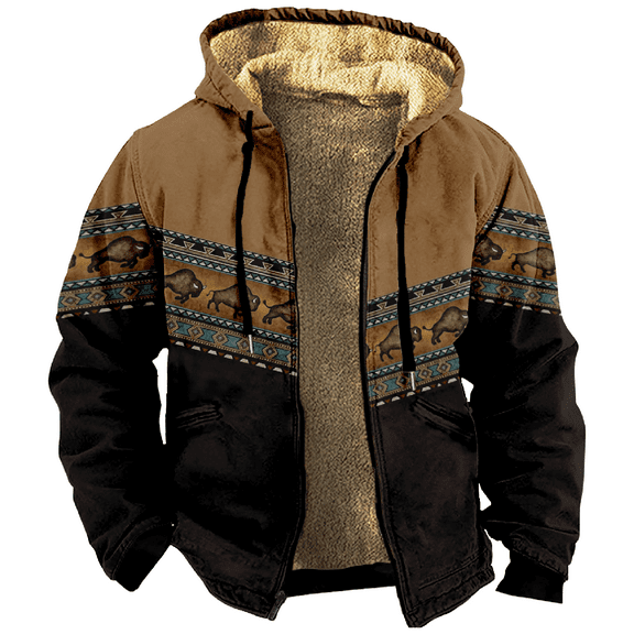 Men's Winter Print Hooded Jacket, Ethnic Pattern Fleece-Lined Thick Casual Zipper Coat for Outdoor Leisure and Holiday Gift,Black,XL