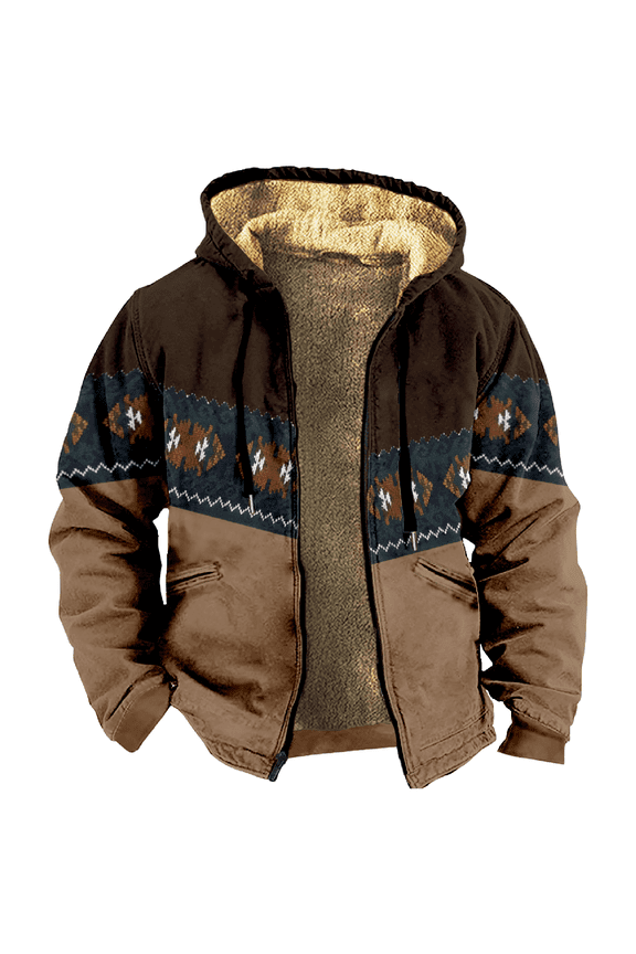 Men's Winter Print Hooded Jacket, Ethnic Pattern Fleece-Lined Thick Casual Zipper Coat for Outdoor Leisure and Holiday Gift,Green,4XL