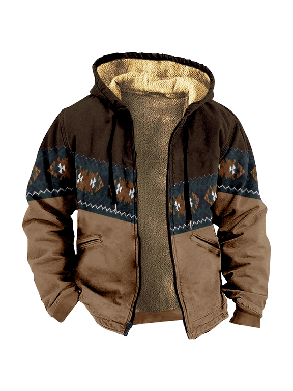 Men's Winter Print Hooded Jacket, Ethnic Pattern Fleece-Lined Thick Casual Zipper Coat for Outdoor Leisure and Holiday Gift,Green,4XL