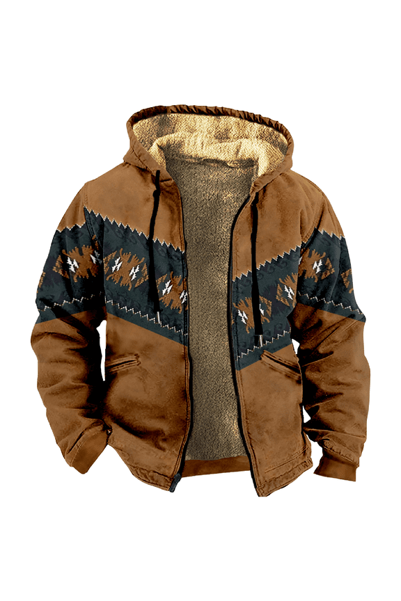 Men's Winter Print Hooded Jacket, Ethnic Pattern Fleece-Lined Thick Casual Zipper Coat for Outdoor Leisure and Holiday Gift,Light Brown,M