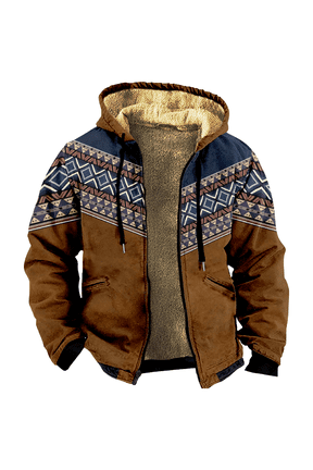 Men's Winter Print Hooded Jacket, Plaid Ethnic Pattern Fleece-Lined Thick Casual Zipper Coat for Outdoor Leisure and Holiday Gift,Multicolor,6XL