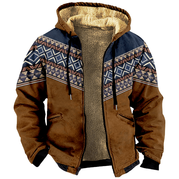 Men's Winter Print Hooded Jacket, Plaid Ethnic Pattern Fleece-Lined Thick Casual Zipper Coat for Outdoor Leisure and Holiday Gift,Multicolor,M