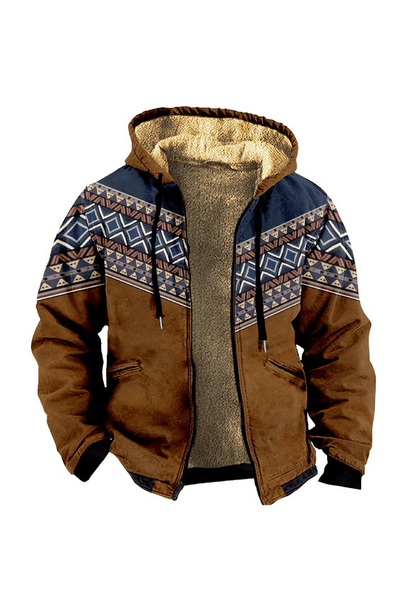 Men's Winter Print Hooded Jacket, Plaid Ethnic Pattern Fleece-Lined Thick Casual Zipper Coat for Outdoor Leisure and Holiday Gift,Multicolor,M
