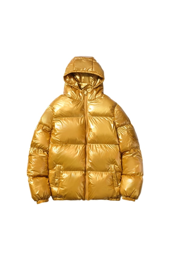 Men's Winter Puff Jackets Winter Full Zip Down Alternative Quilted Solid Color Metallic Padded Coat with Hood