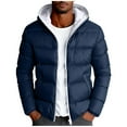 thumbnail image 1 of Men's Winter Puffer Coat Cotton Padded Color Block Full-zip Casual Long Sleeve Hooded Warm Jacket with Pockets (XL, Dark Blue), 1 of 5