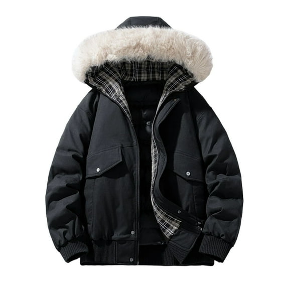 Men's Winter Puffer Jacket Thermal Thick Plaid Cargo Jackets Winter Warm Outerwear with Faux Fur Hooded Gray M
