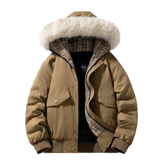 Men's Winter Puffer Jacket Thermal Thick Plaid Cargo Jackets Winter Warm Outerwear with Faux Fur Hooded Hot Pink 3XL