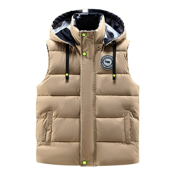 Men's Winter Puffer Vest Removable Hooded Quilted Padded Sleeveless Vest Color: Khaki Size: XXXL