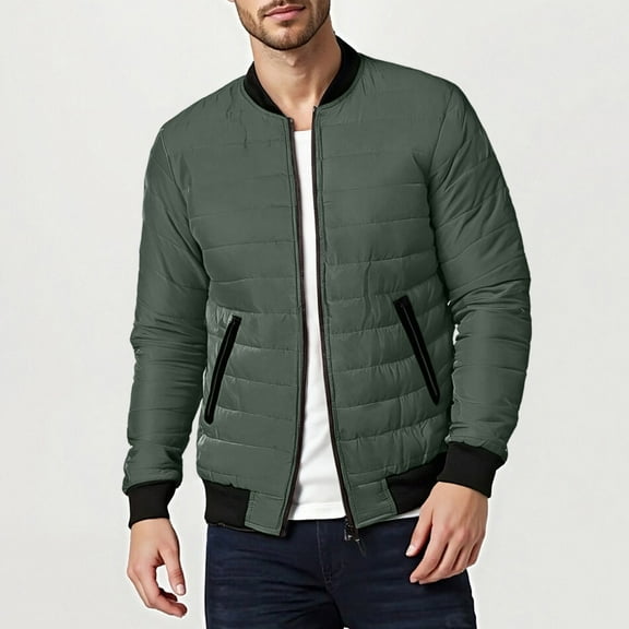 Men's Winter Quilted Jacket Warm Full Zip Coat Outerwear Cotton Padded Cold Weather Jackets with Pockets Green L