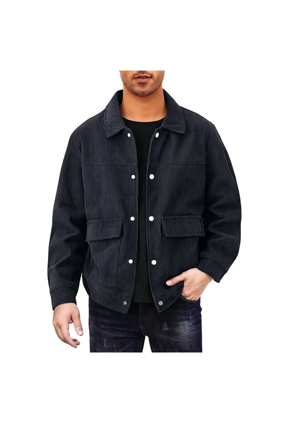 Men's Winter Retro Long-Sleeve Button-Down Ribbed Workwear Corduroy Jacket with Pockets, Black, Size M