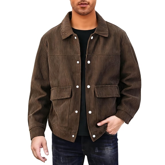 Men's Winter Retro Long-Sleeve Button-Down Ribbed Workwear Corduroy Jacket with Pockets, Brown, Size M