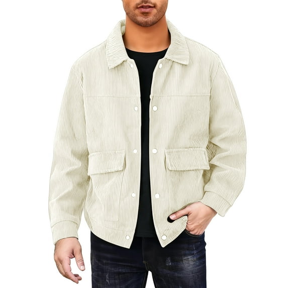 Men's Winter Retro Long-Sleeve Button-Down Ribbed Workwear Corduroy Jacket with Pockets, Khaki, Size XXXL