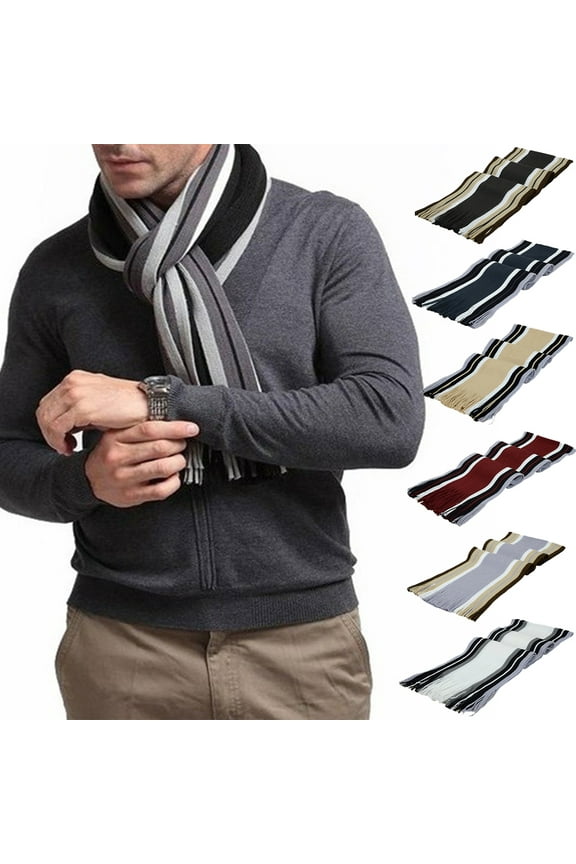 Men's Winter Scarf - Classic Striped Tassel Edge Soft Warm Scarf, Woolen Yarn Knitted Scarf