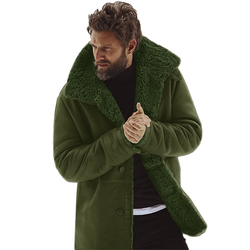 Men's Winter Sheepskin Thick Coat Faux Shearling Button Down Long ...