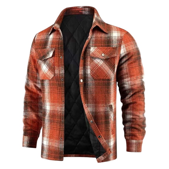 Men's Winter Shirt Jacket Quilted Lined Plaid Coats Warm Jackets Thick Button Cotton Coat With Pockets (S, Orange)