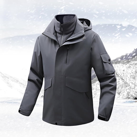Men's Winter Ski Jacket With Fleece Liner Tops,Detachable Coat 2-Piece Suits, Warm Fleece Waterproof Outdoor Mountain Hiking Windbreaker Hooded Snow Rain Coat Up to 65% off Clear!Clearance!!!