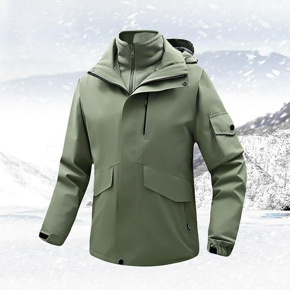 Men's Winter Ski Jacket With Fleece Liner Tops,Detachable Coat 2-Piece Suits, Warm Fleece Waterproof Outdoor Mountain Hiking Windbreaker Hooded Snow Rain Coat Up to 65% off Clear!Clearance!!!