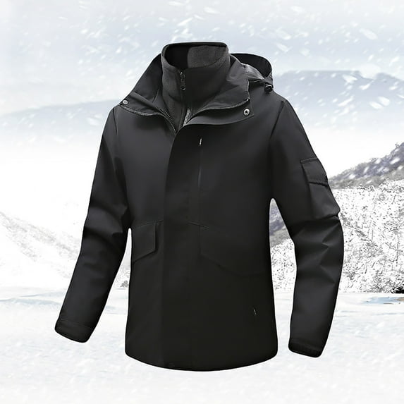 Men's Winter Ski Jacket With Fleece Liner Tops,Detachable Coat 2-Piece Suits, Warm Fleece Waterproof Outdoor Mountain Hiking Windbreaker Hooded Snow Rain Coat Up to 65% off Clear!Clearance!!!