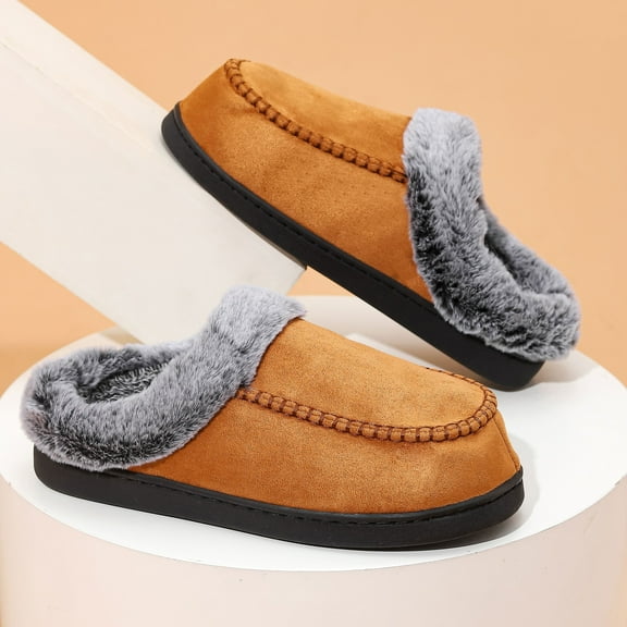 Men's Winter Slippers, Thickened Plush Collar & Fleece, Non-Slip TPR Sole, Easy Slip-On for Cold Floors, Cozy House & Travel, Like/Outdoor Shoes, Black/Beige/Brown/Grey